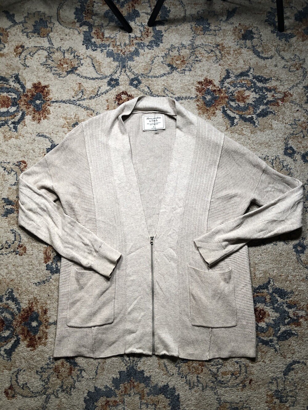 Abercrombie & Fitch Zip Up Cardigan Sweater Beige Grandpa Baggy Oversized Size S